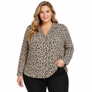 Halogen Blouse Womens XXL Beige Leopard Animal Print V Neck Long Sleeve Top